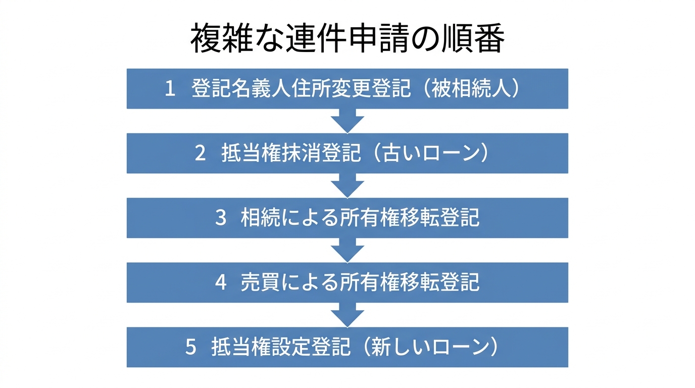 住所変更や抵当権抹消も含む複雑な連件申請の順番を示したフローチャート。5つの登記手続きを正しい順序で図解している。