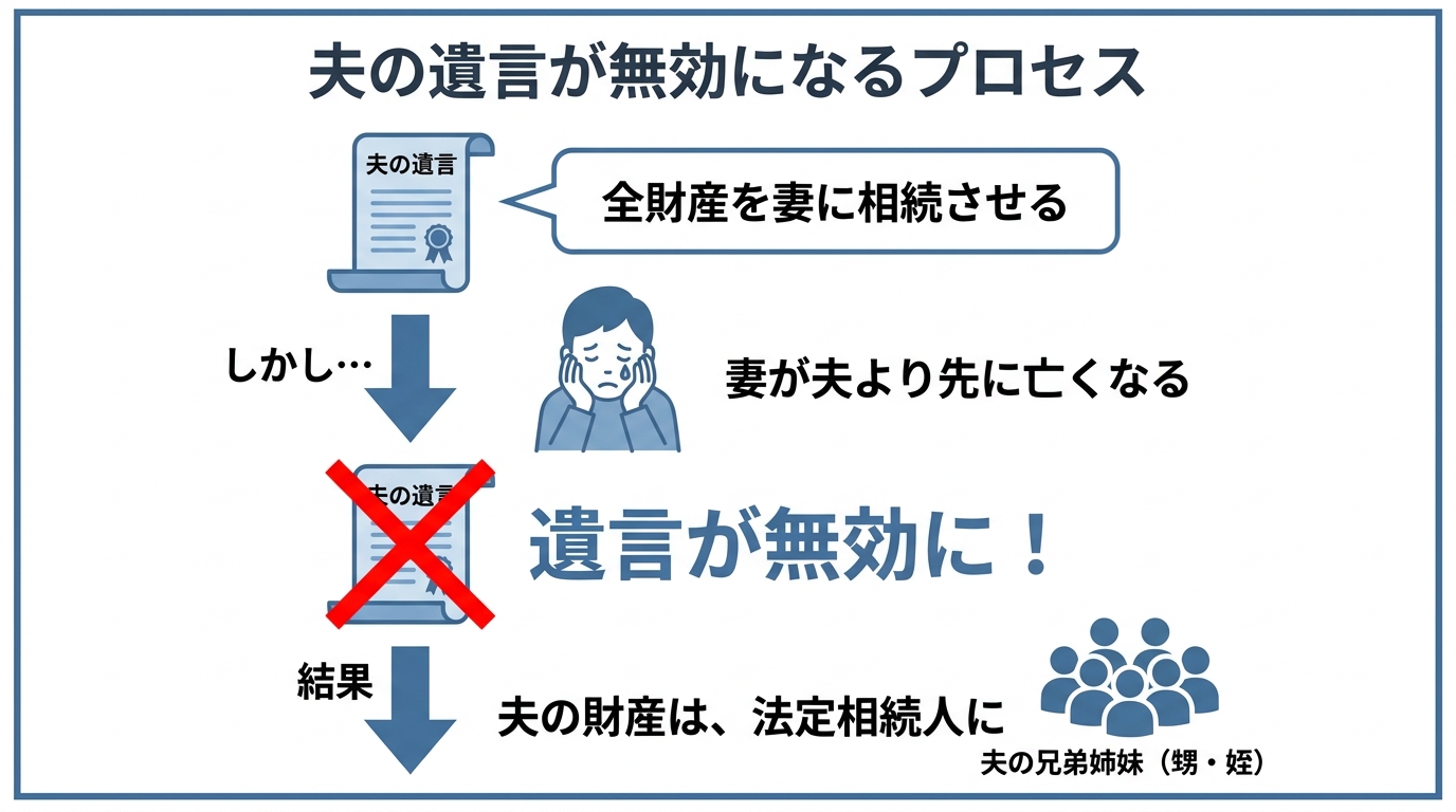 妻が先に亡くなった場合に夫の遺言が無効になる流れを示した図解。遺言が無効となり、結果的に夫の財産が兄弟姉妹に渡ってしまうリスクを説明している。