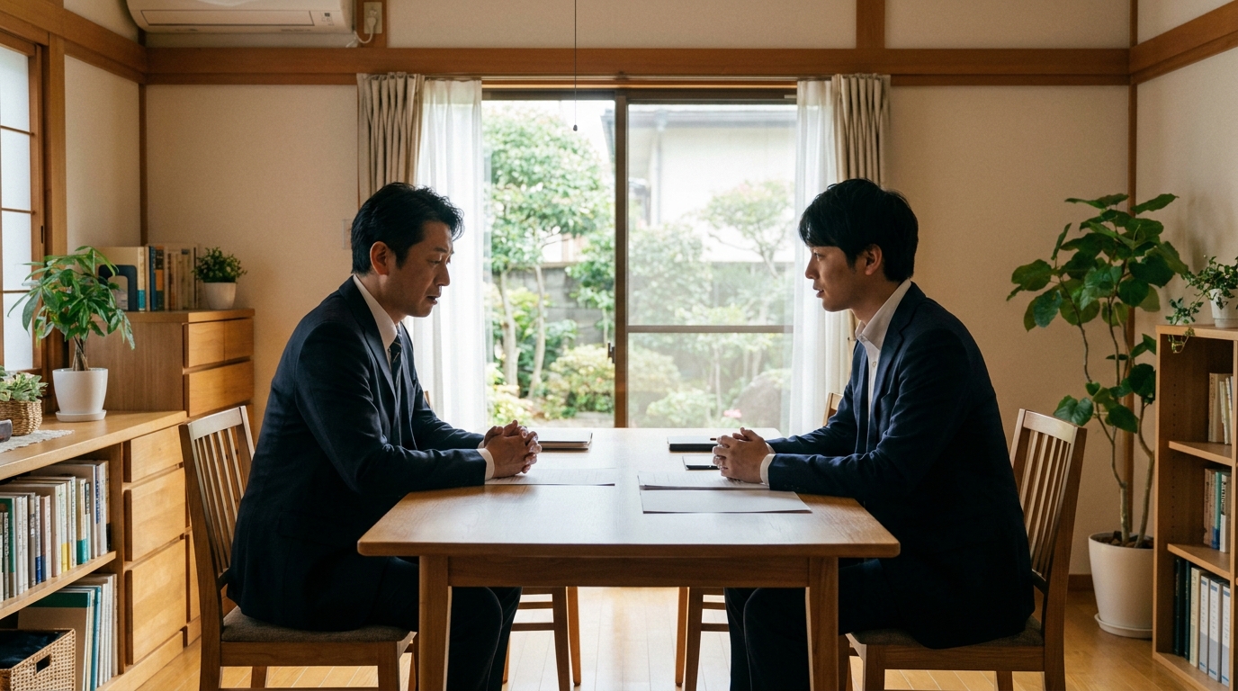 司法書士に家賃滞納問題を相談する大家さん。親身に話を聞く司法書士の様子から、専門家への相談による安心感が伝わる。