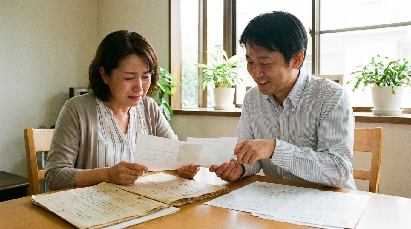 司法書士に相談し、複雑な相続手続きの問題が解決に向かい安堵する女性相談者。