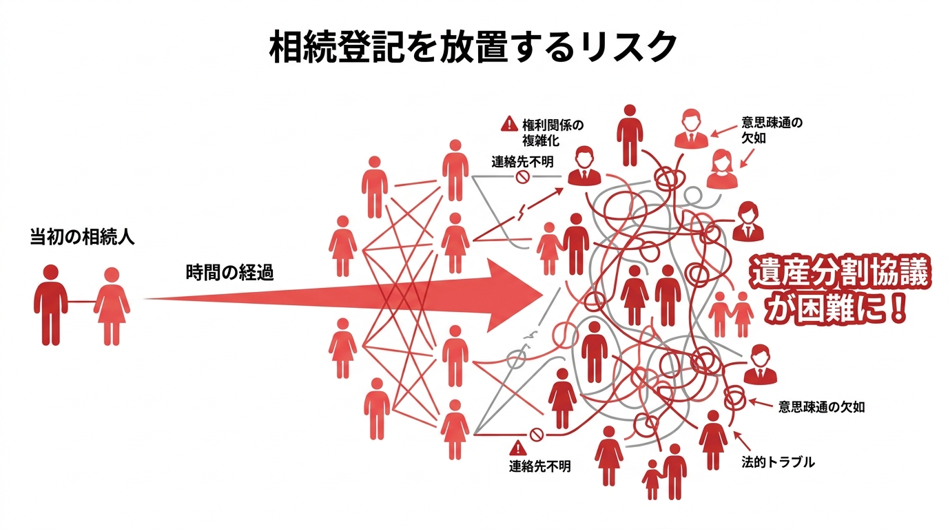 相続登記を放置すると相続人が増えて複雑化するリスクを示した図解