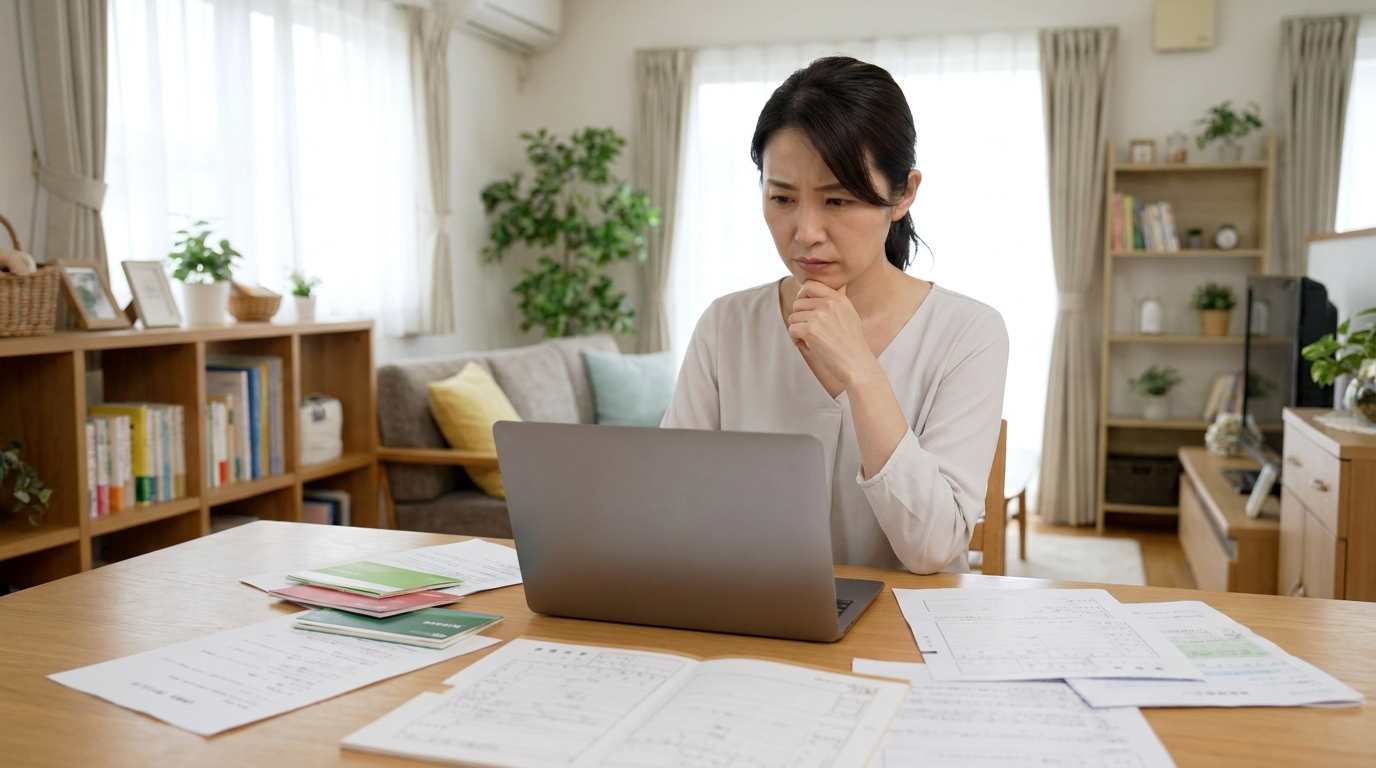 自宅で相続手続きの書類を広げ、パソコンで調べ物をする女性。