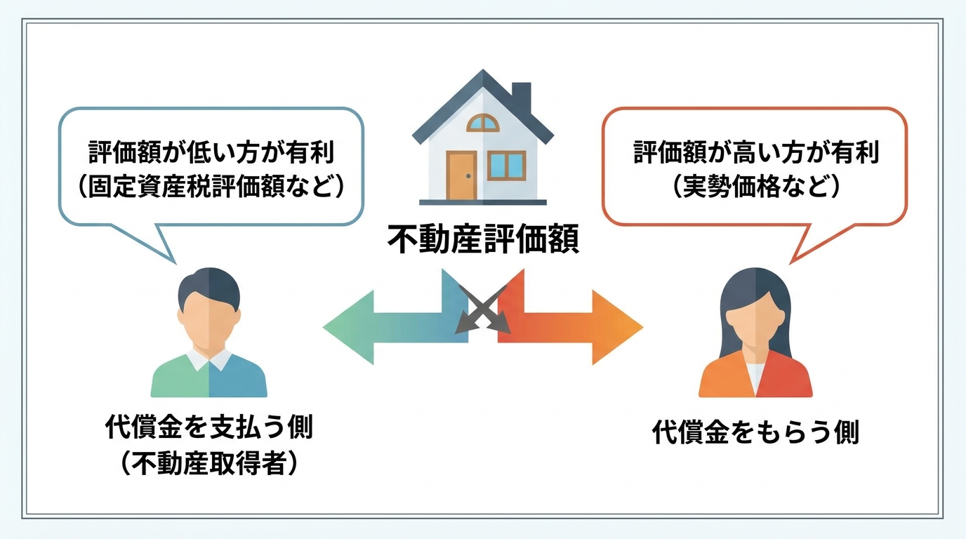 代償分割における評価方法の利害対立図。代償金を支払う側は低い評価額を、もらう側は高い評価額を望む構造を示している。