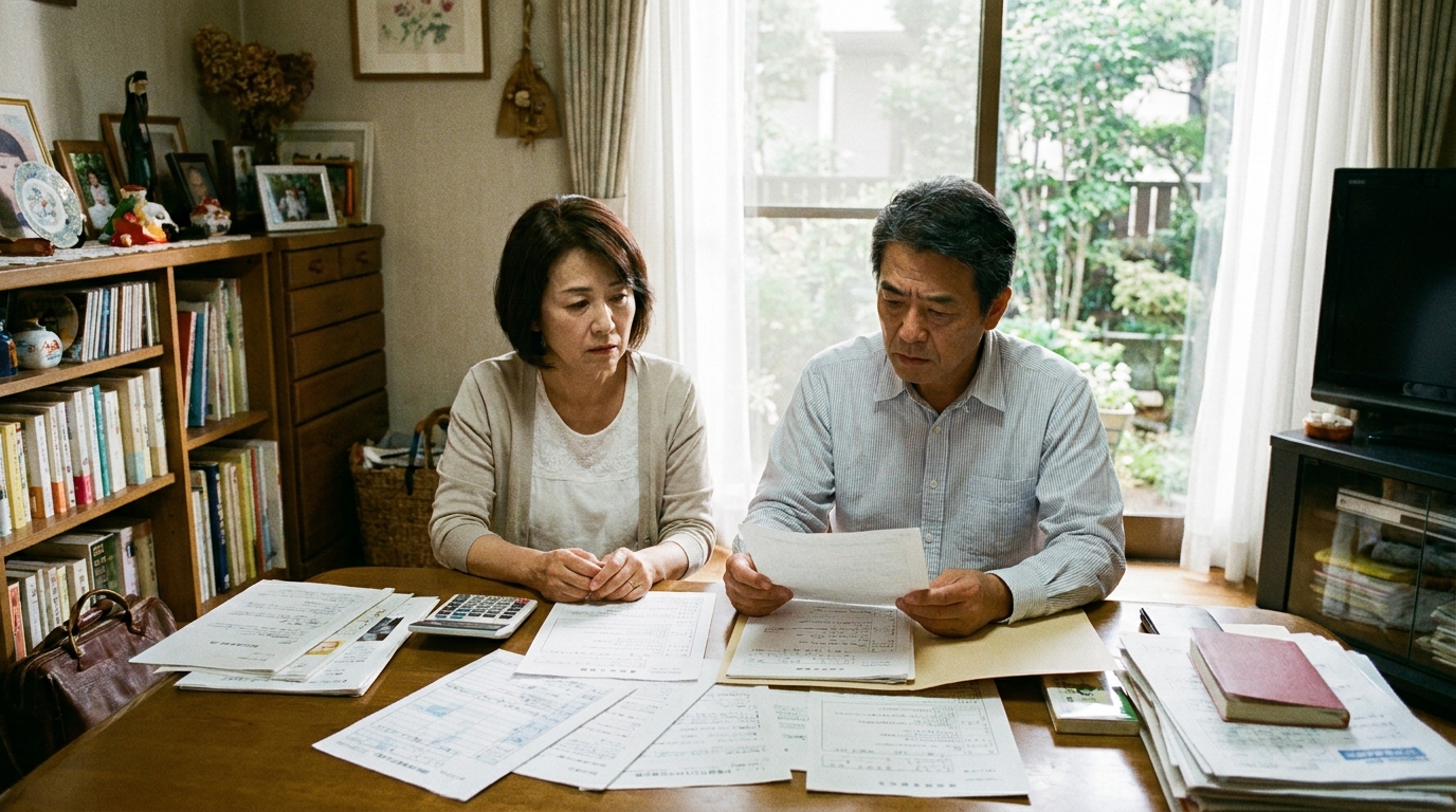 相続手続きの書類を前に、頭を抱え悩んでいる中年の夫婦。遺産分割協議の難しさや精神的な負担を象徴している。