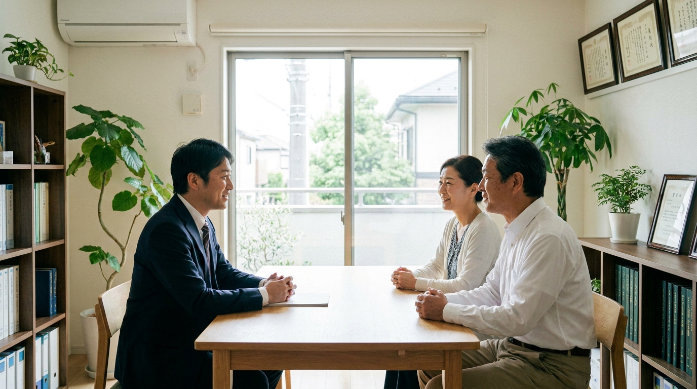 世田谷区の司法書士事務所で、司法書士に相続の相談をする子どものいない夫婦。安心して話せる温かい雰囲気が伝わる。