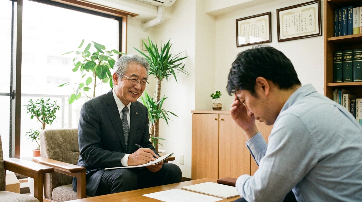 司法書士に合同会社の離婚問題について相談し、アドバイスを受ける男性経営者