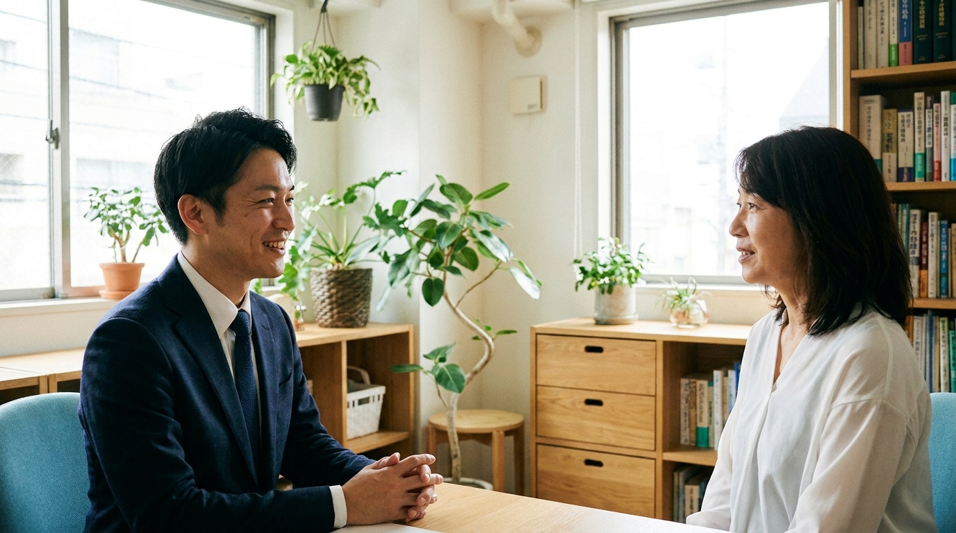 司法書士事務所で相談する女性。親身に話を聞く司法書士に安心した表情を見せている。