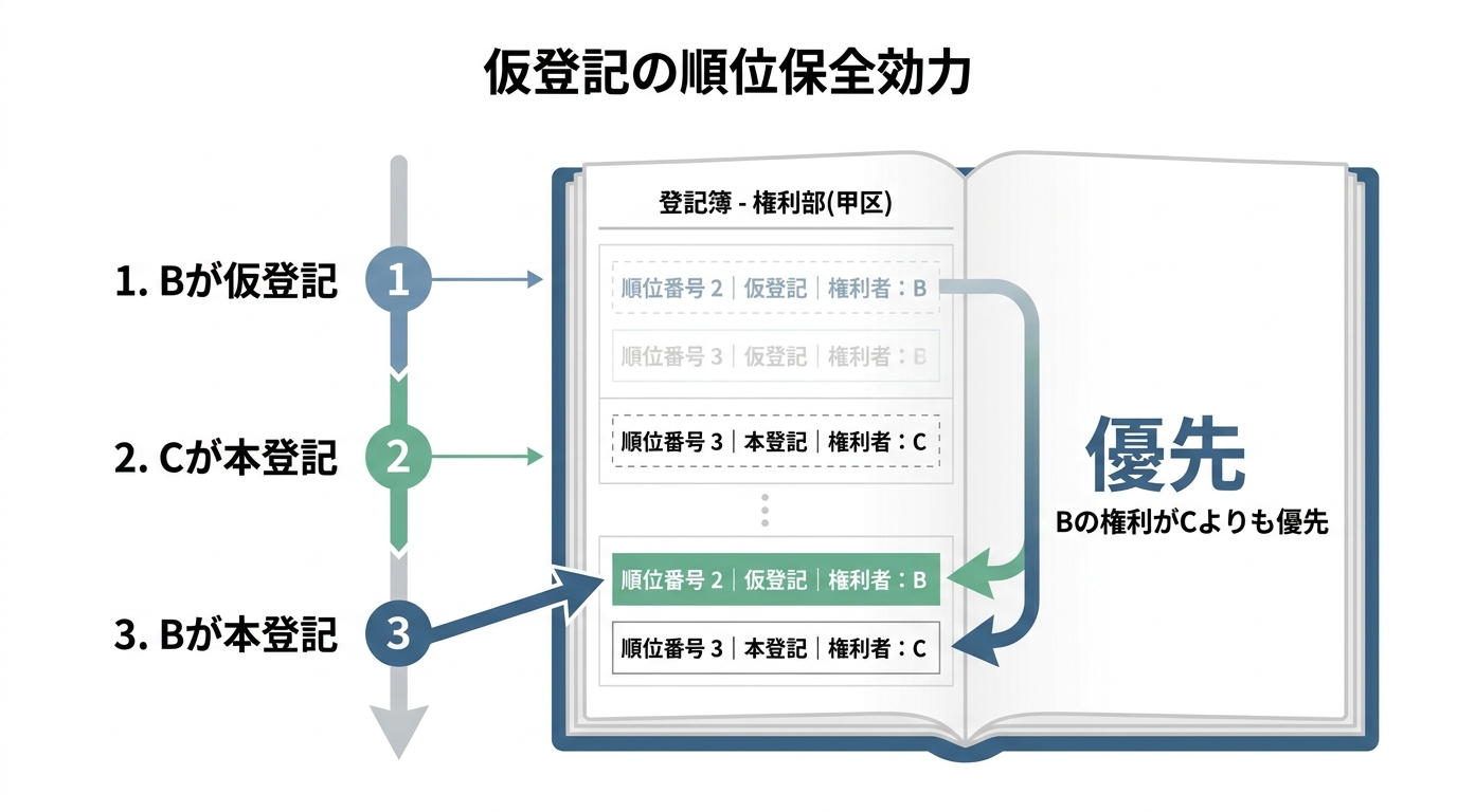 仮登記の順位保全効力を示す図解。後から本登記をしても、仮登記の時点に順位がさかのぼる仕組みを説明しています。