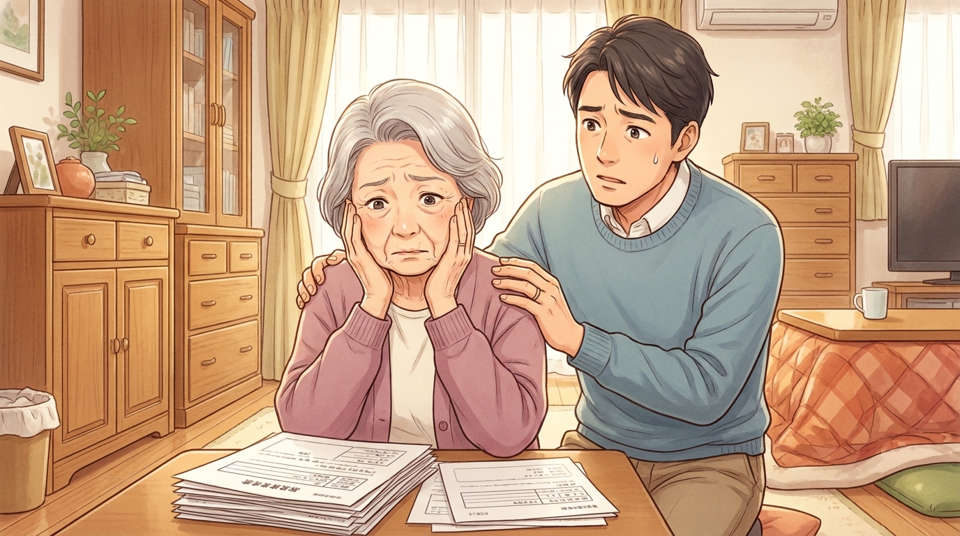 相続書類を前に困惑する高齢の母親と、その対応に悩む息子