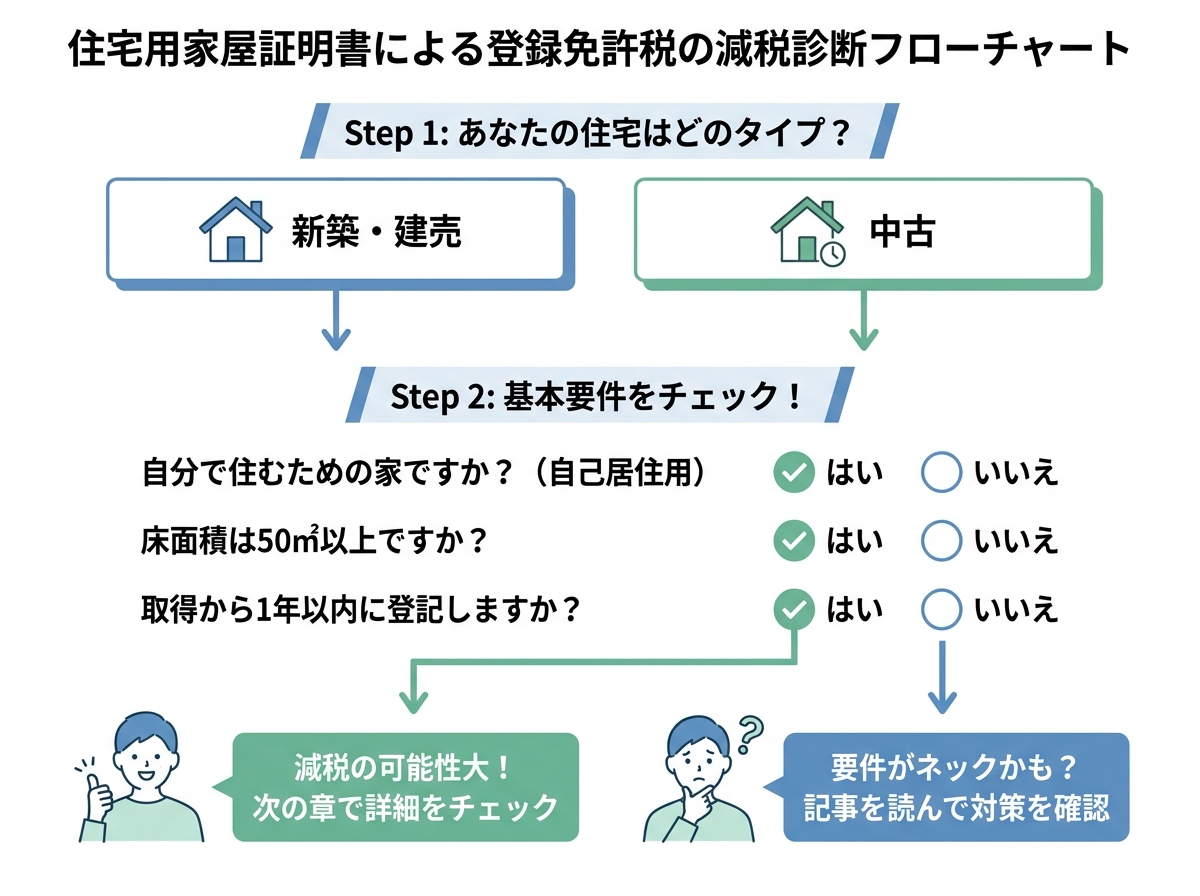 住宅用家屋証明書の減税対象かどうかがわかる2ステップの診断フローチャート。ステップ1で住宅タイプ、ステップ2で基本要件を確認する。
