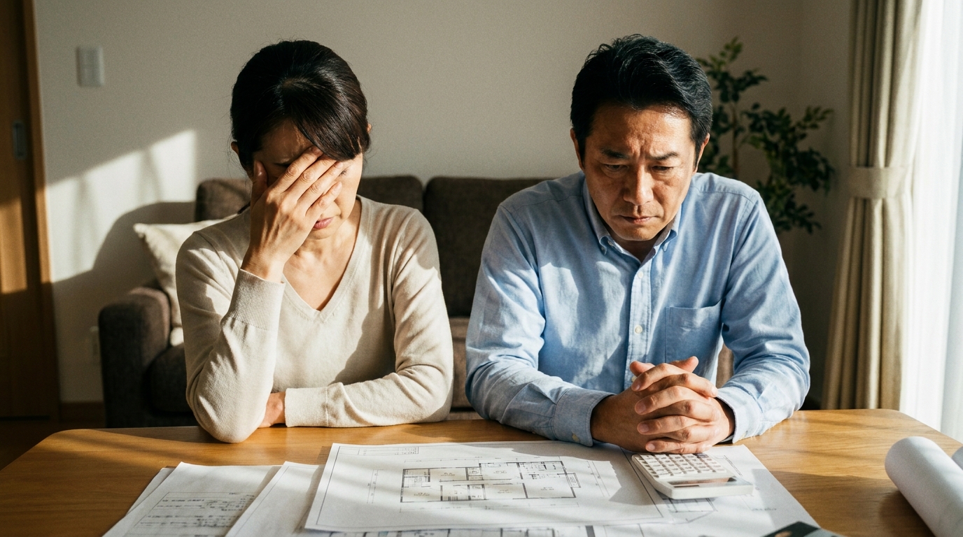 成年後見制度の書類を前に、自宅のリビングで悩む中年の夫婦。