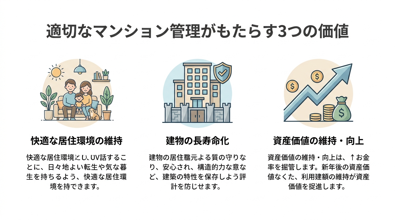 マンション管理の重要性を示す図解。適切な管理がもたらす「快適な居住環境の維持」「建物の長寿命化」「資産価値の維持・向上」という3つの価値をアイコンと共に説明している。