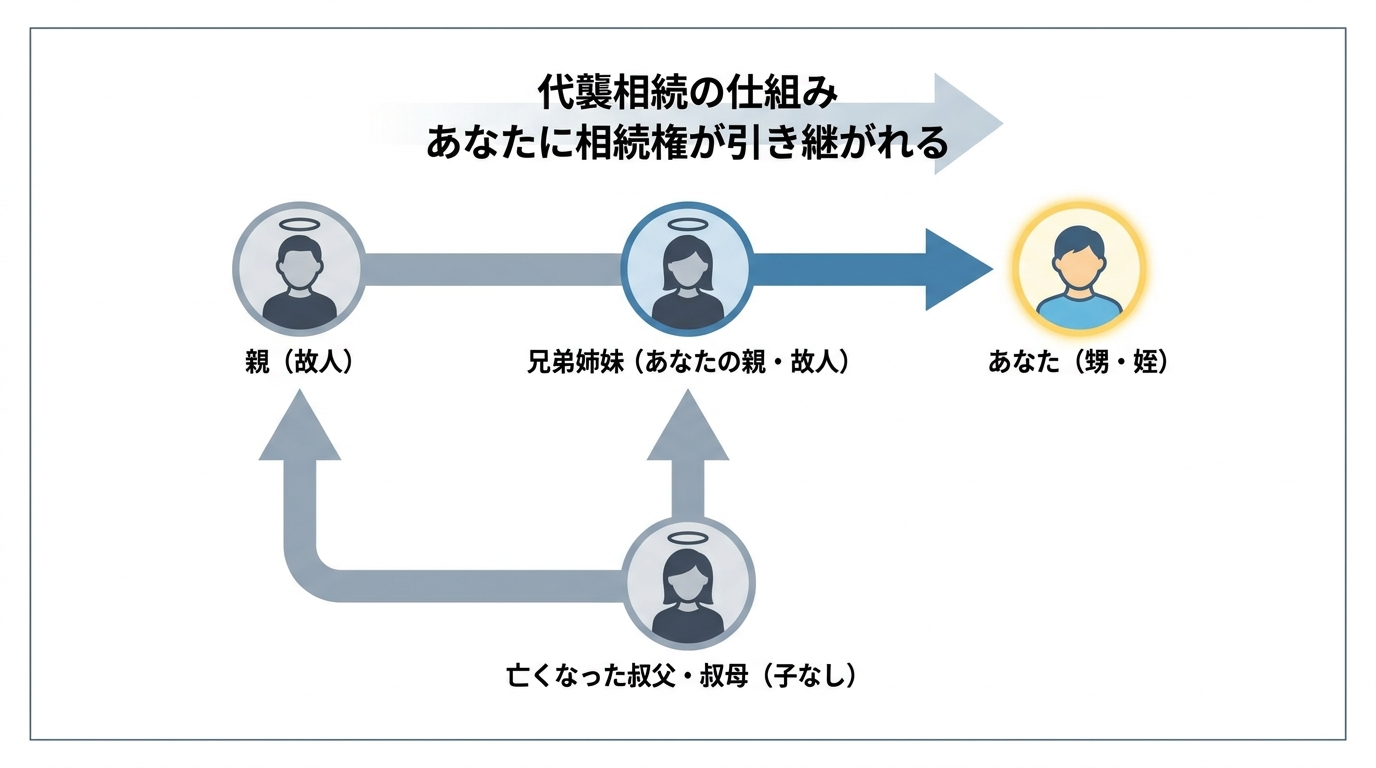 代襲相続の仕組みを解説する図解。亡くなった叔父・叔母に子がおらず、親や兄弟姉妹も故人の場合、その子である甥・姪に相続権が引き継がれる流れが示されている。