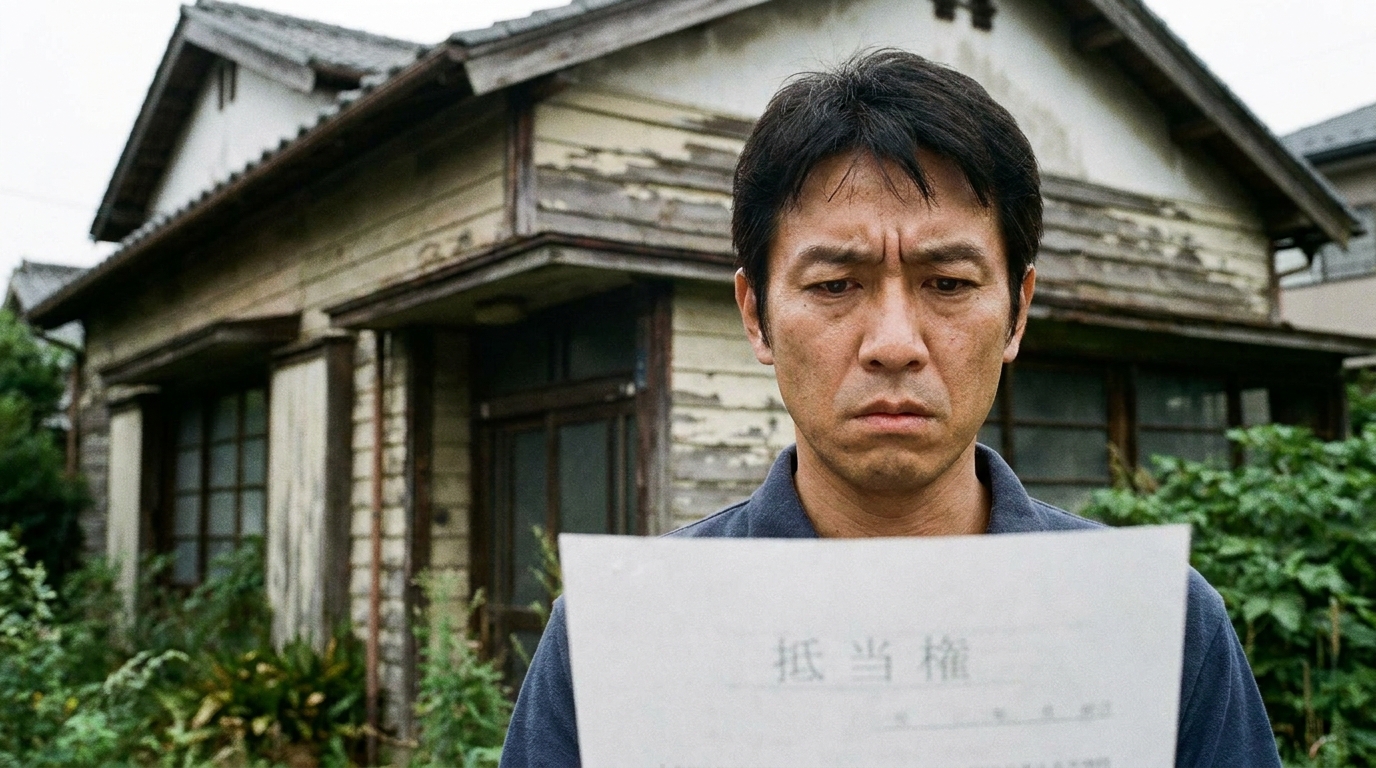 相続した実家の古い抵当権の登記簿を見て悩む男性