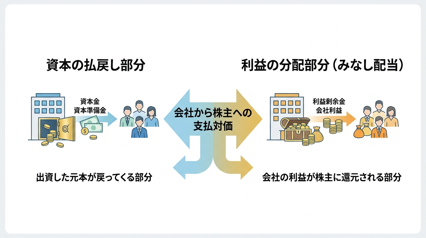 自己株式取得の対価が「資本の払戻し」と「みなし配当(利益の分配)」に分解されることを示す図解。