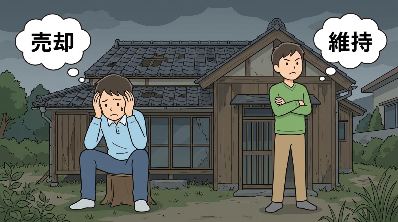 相続した実家の売却を巡って意見が対立する兄弟のイラスト。共有名義不動産の活用が困難になる問題を示している。