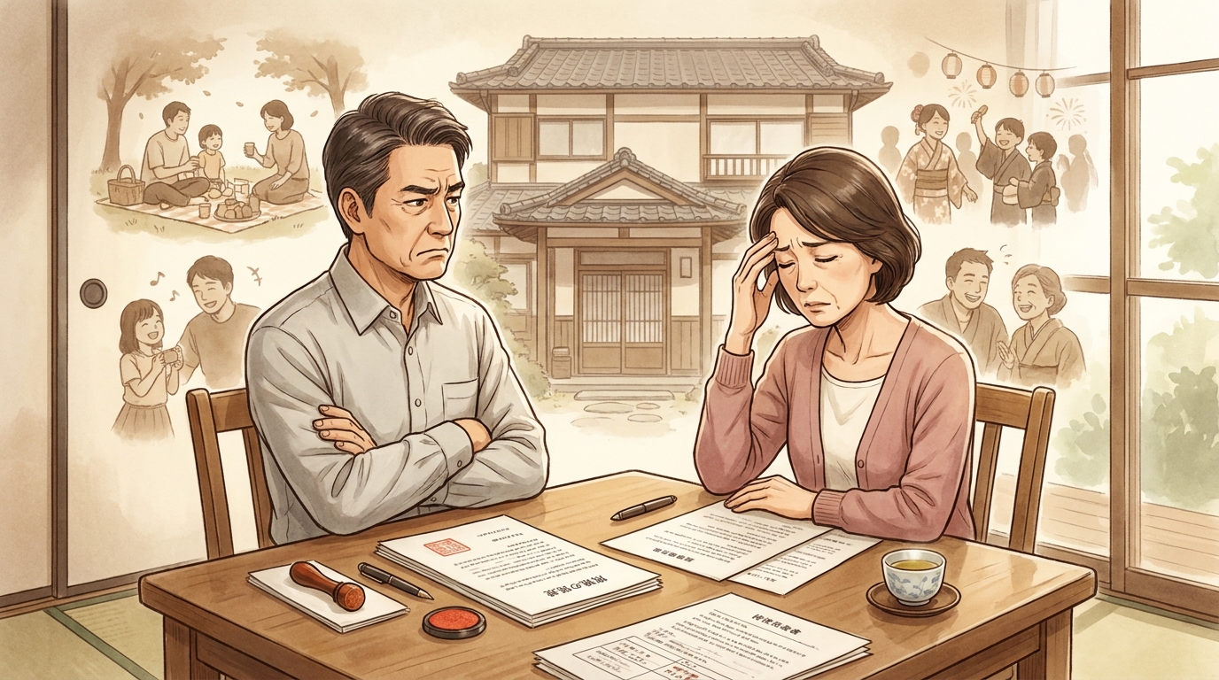 相続を機に親族関係がギクシャクする心理的な原因を象徴するイラスト。テーブルを挟んで気まずそうにする親族。
