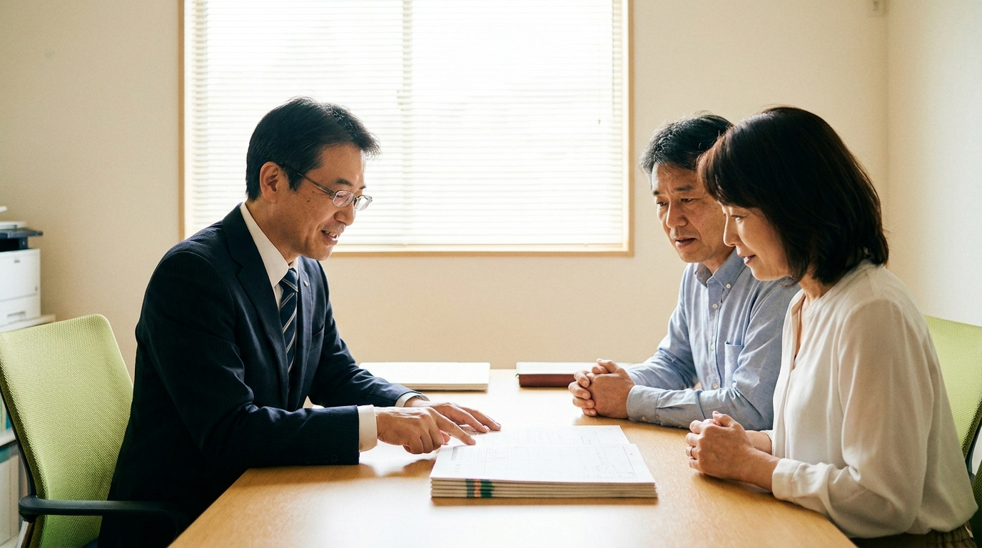司法書士に戸籍調査について相談する夫婦。複雑な書類を前に、専門家から説明を受けている様子。