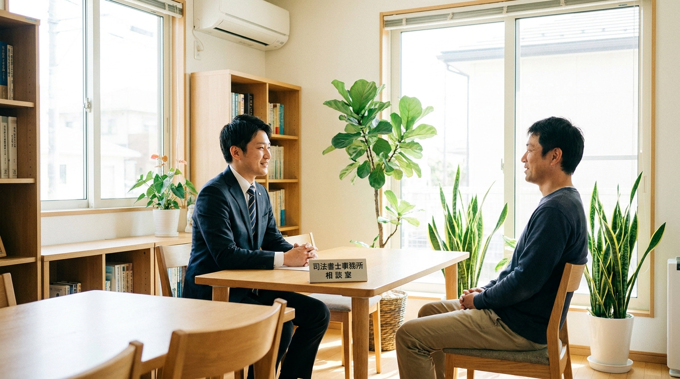 司法書士に相続の悩みを相談し、安心した表情を浮かべる男性