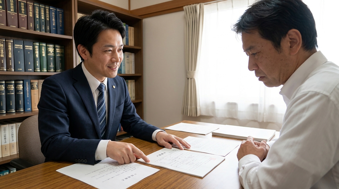 司法書士がアパートのオーナーらしき男性の相談に乗っている様子。書類を見ながら親身に説明しており、専門家への相談による安心感を表現している。