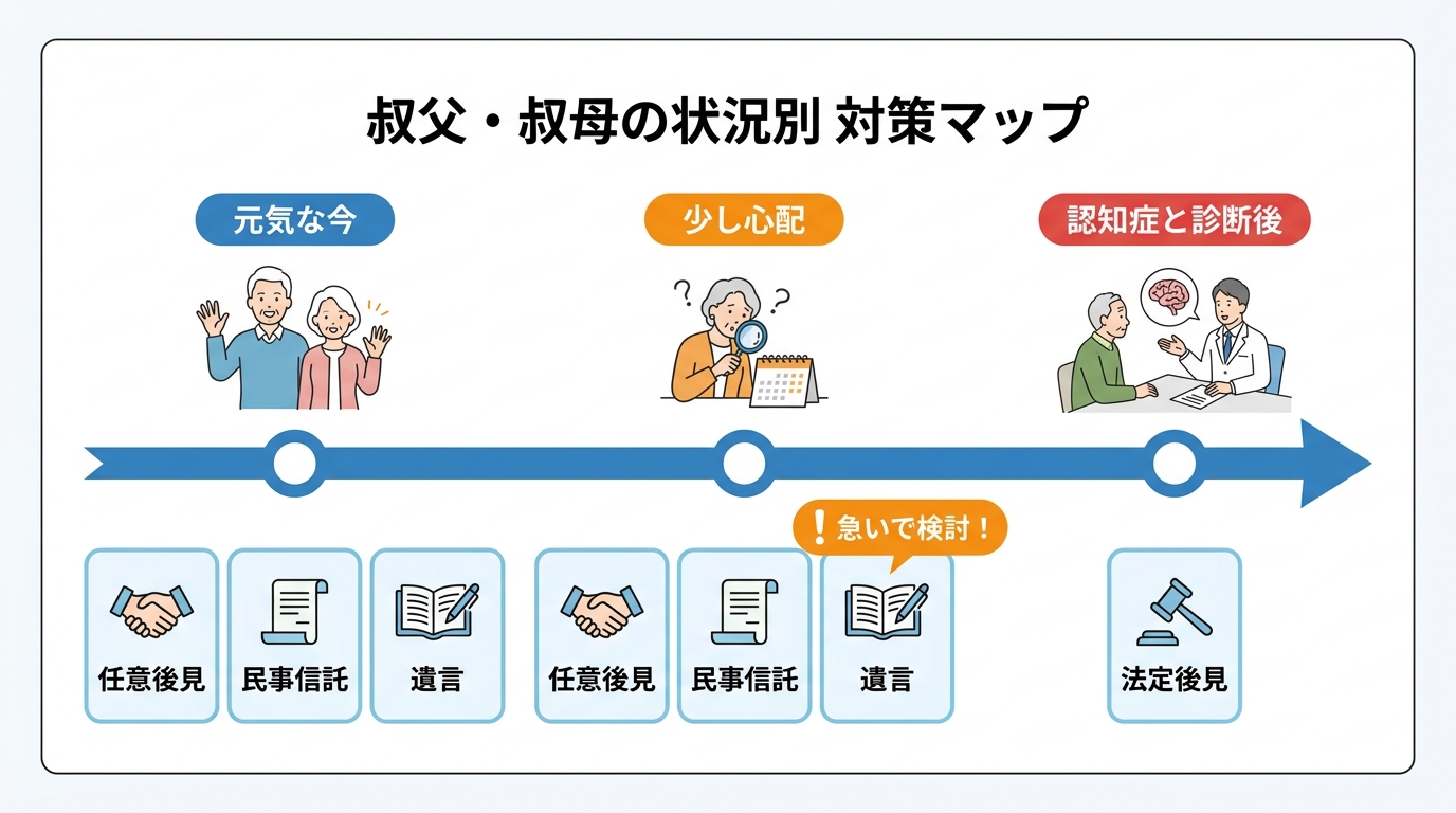 叔父・叔母の健康状態に応じた認知症・相続対策の選択肢を示すマップ。元気なうちは任意後見・民事信託・遺言が選べるが、認知症診断後は法定後見が主となる。