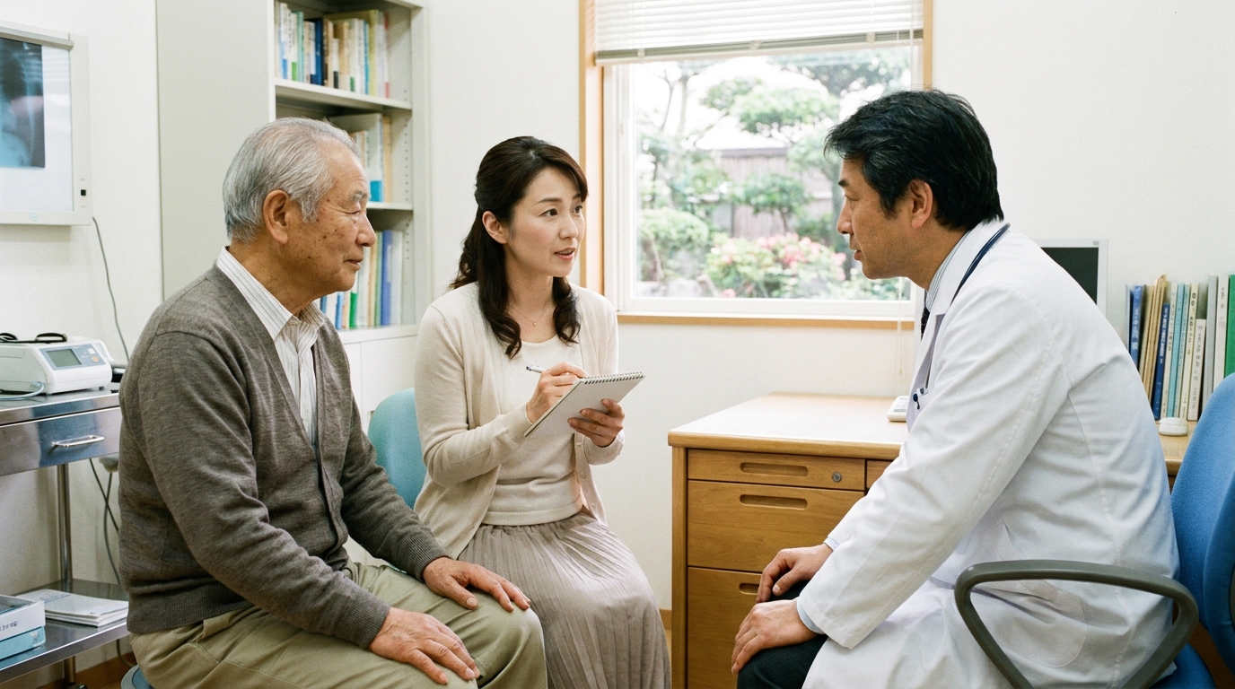娘が父親のかかりつけ医に、成年後見の診断書作成について相談している様子。