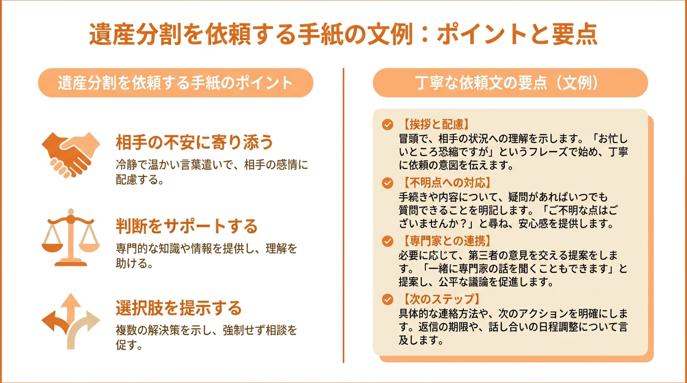 態度が曖昧な相続人への手紙の書き方のポイントを図解したインフォグラフィック