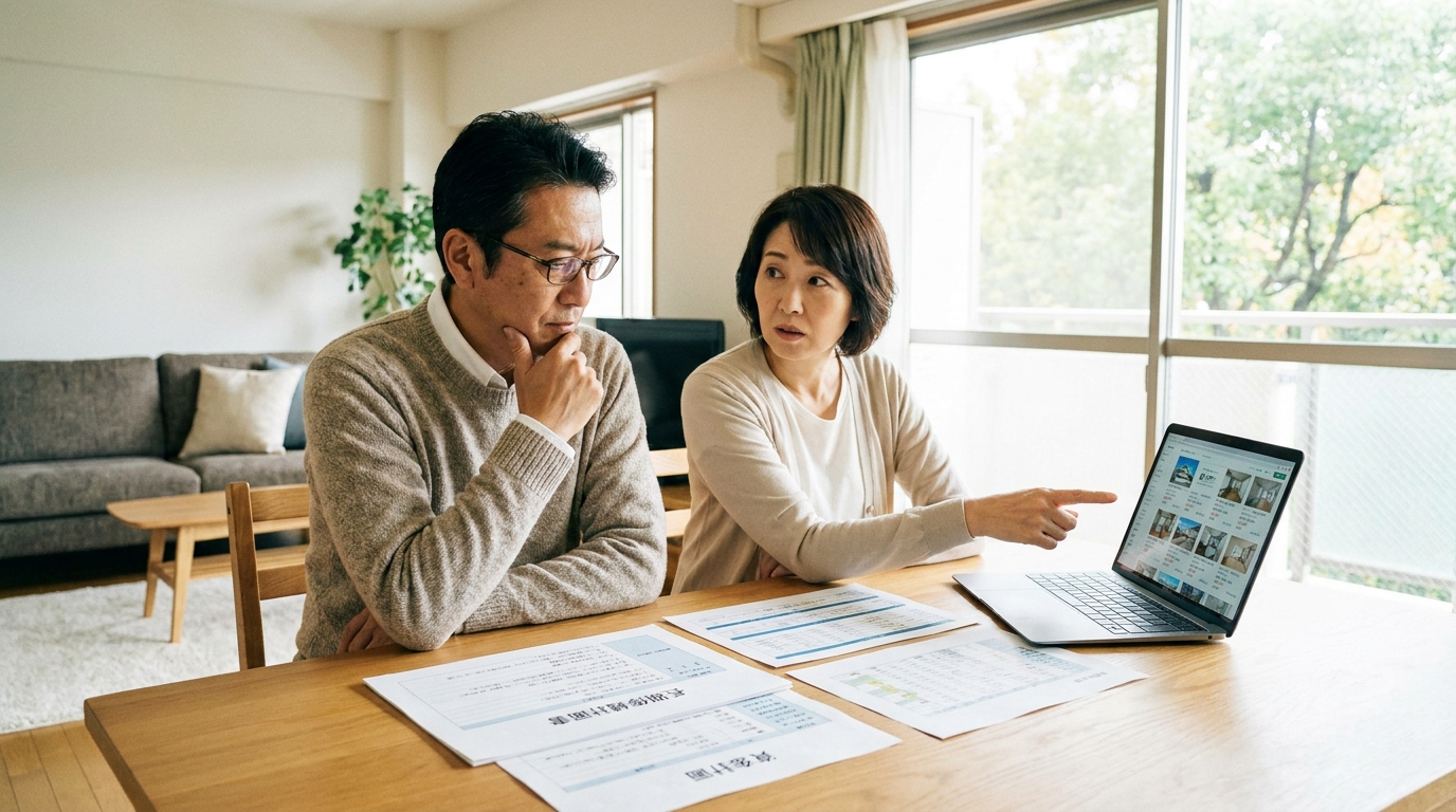中古マンションの修繕積立金について相談する夫婦。テーブルに広げられた書類とパソコンを見ながら、将来の資金計画について真剣に話し合っている。