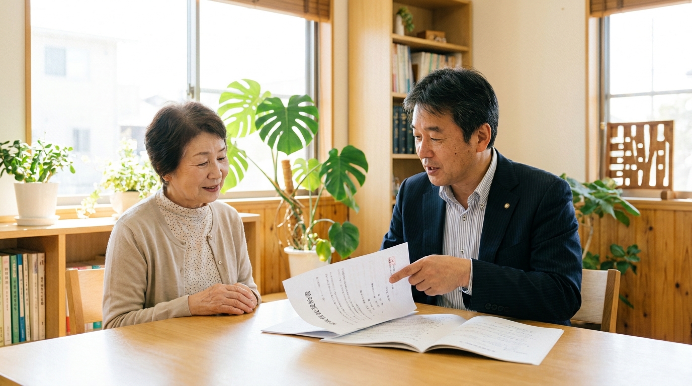司法書士事務所で、専門家から家族信託の説明を受け、安心した表情を浮かべる相談者の女性。