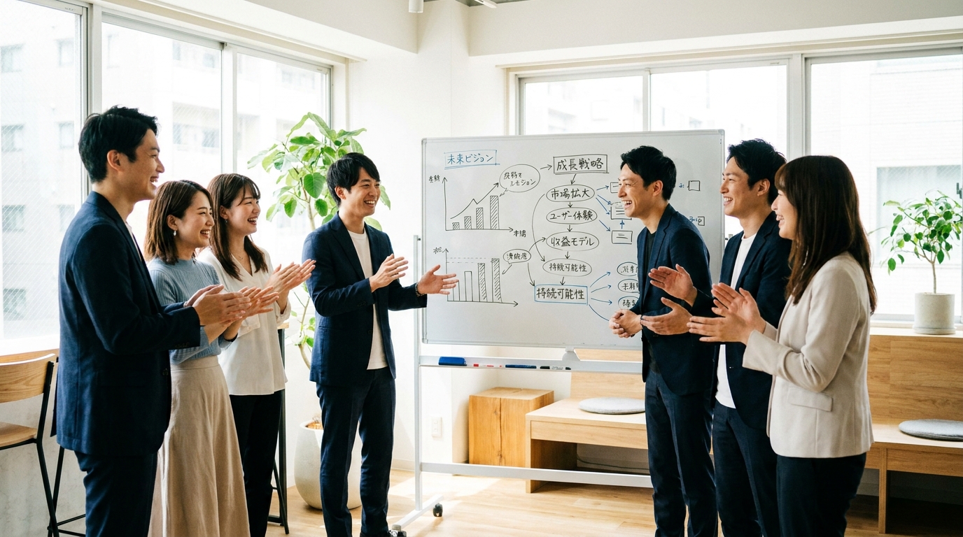 活気のあるオフィスで事業計画について議論する起業家チーム。会社の将来性やチームワークの良さを象徴している。