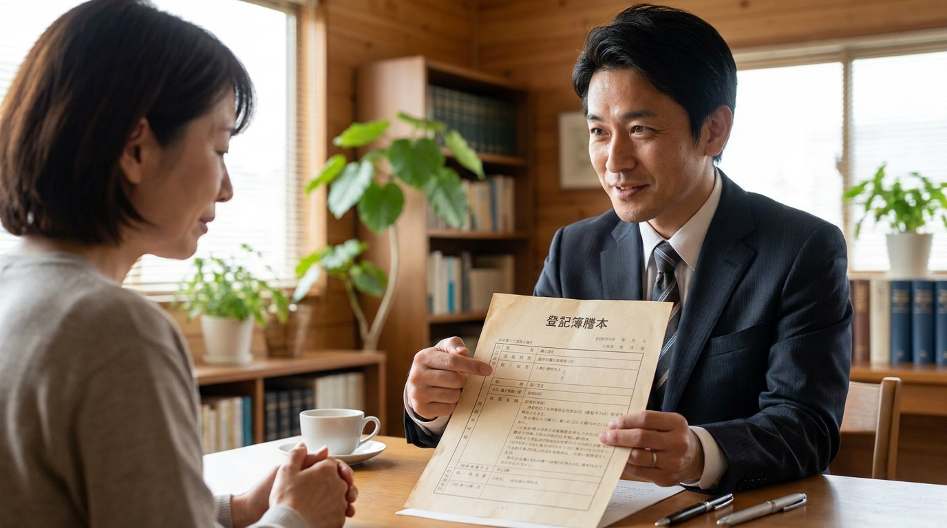 司法書士が相談者の女性に登記簿謄本を見せながら説明している様子。複雑な相続問題が解決に向かう安心感を表現している。