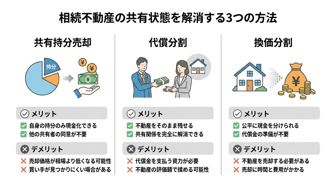 相続不動産の共有状態を解消する3つの方法（共有持分売却・代償分割・換価分割）のメリット・デメリットを比較した図解。