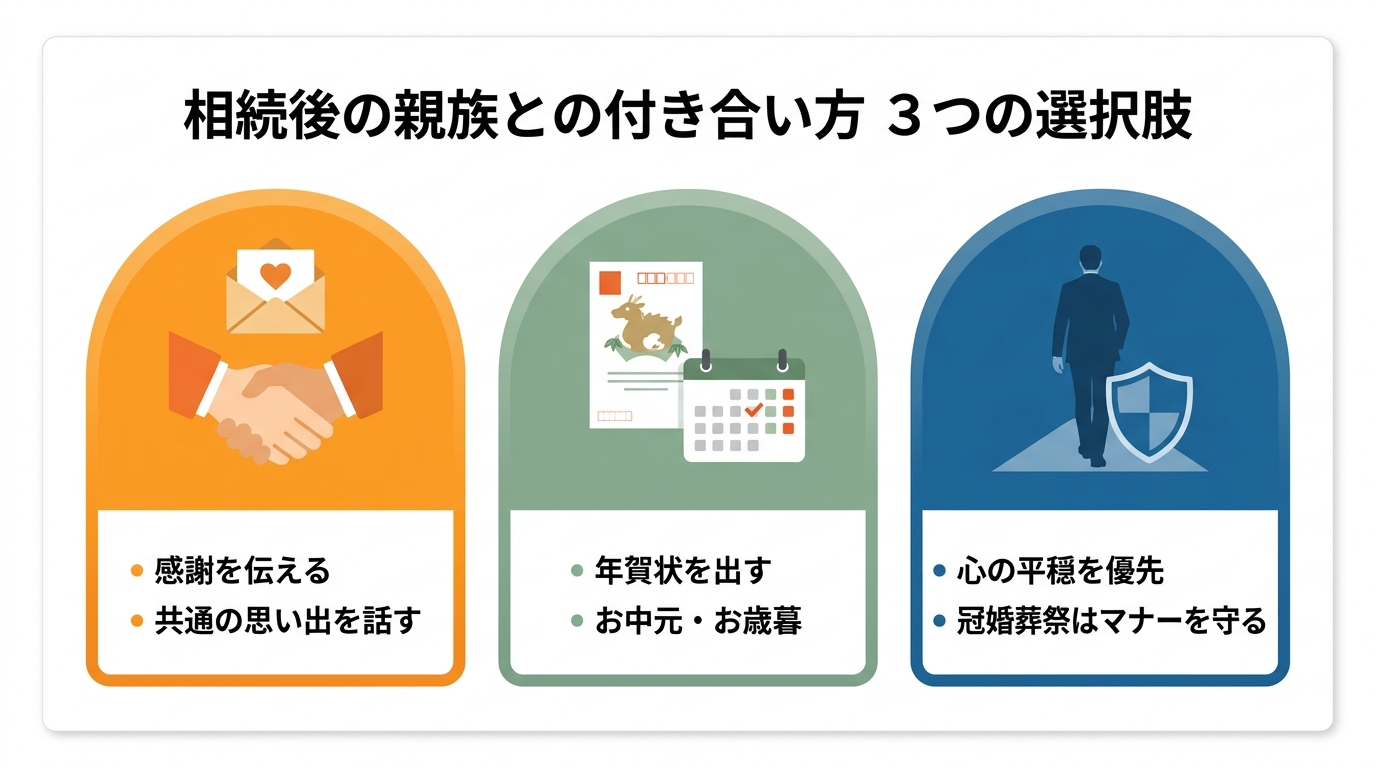 相続後の親族との付き合い方のコツを図解したインフォグラフィック。「関係修復」「現状維持」「距離を置く」の3つの選択肢をアイコンと共に解説。