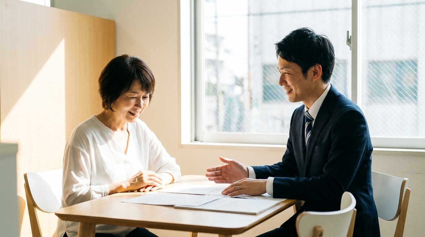 司法書士に相談し、不安が解消されて安堵の表情を浮かべる成年後見人の女性。
