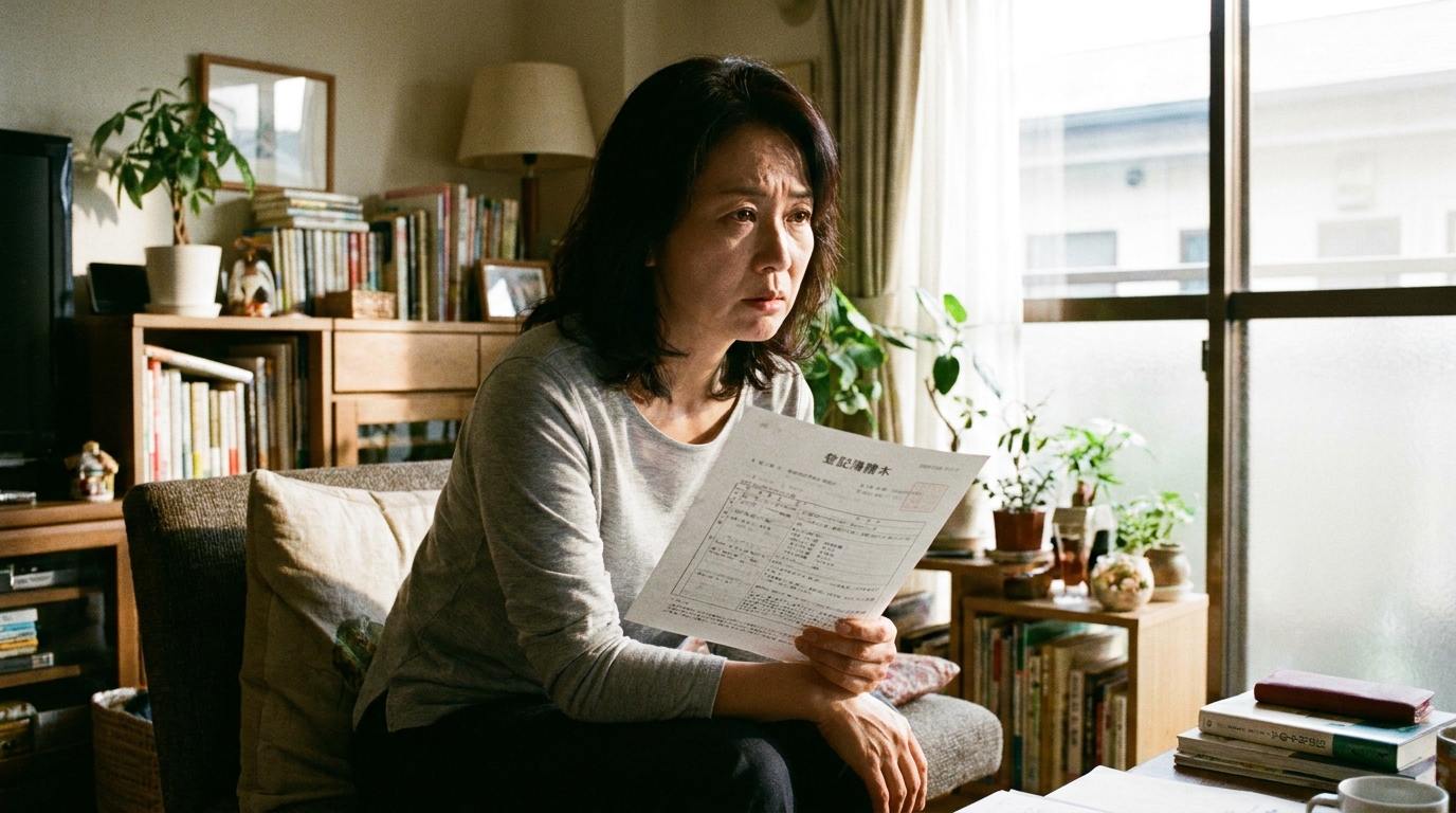 相続した不動産の登記簿を見て悩む女性。仮登記の抹消ができずに困っている状況を象徴しています。