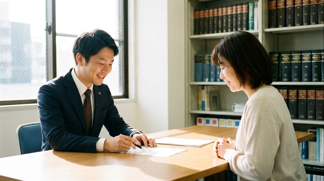 司法書士に叔父・叔母の財産管理について相談し、安心する女性