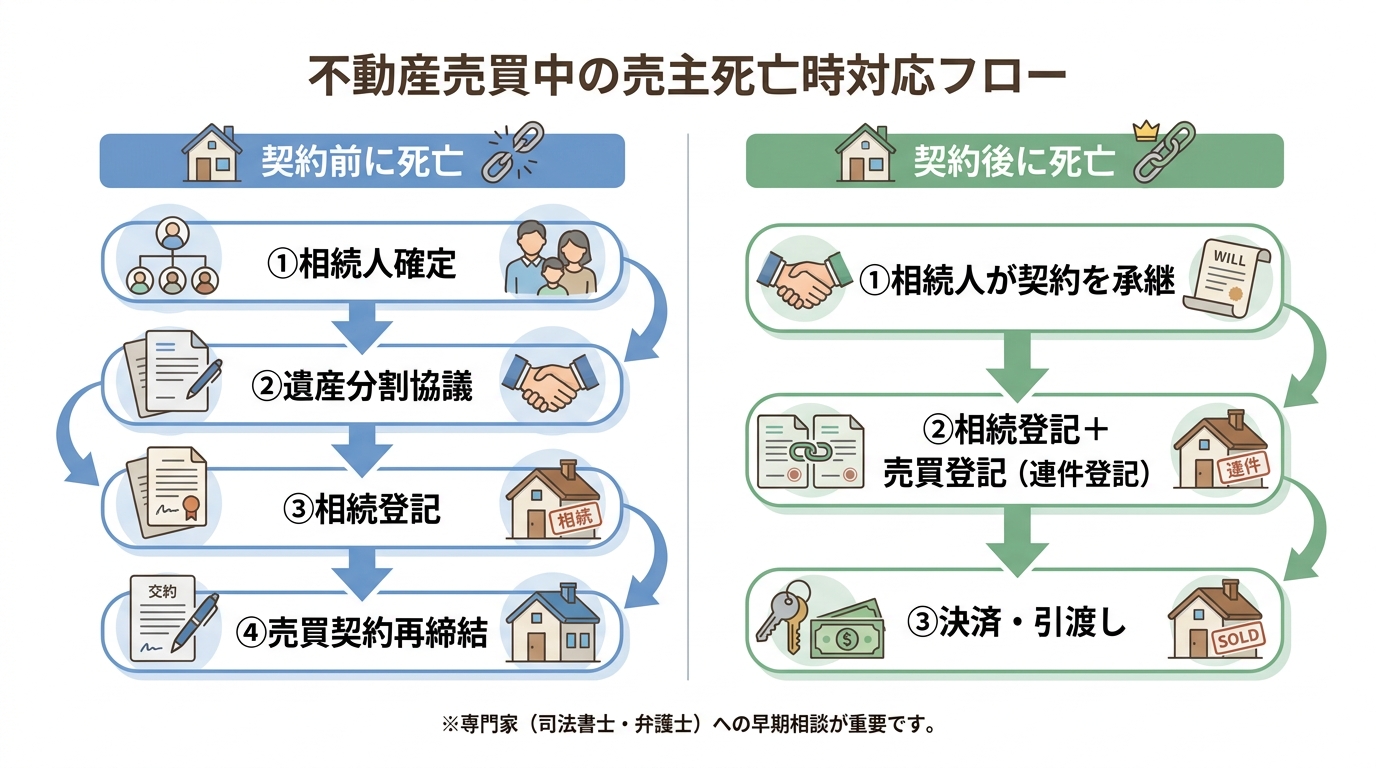 不動産売買中に売主が死亡した際の対応フロー図。「契約前」と「契約後」の2つのケースで、相続登記や契約再締結などの手順を比較している。