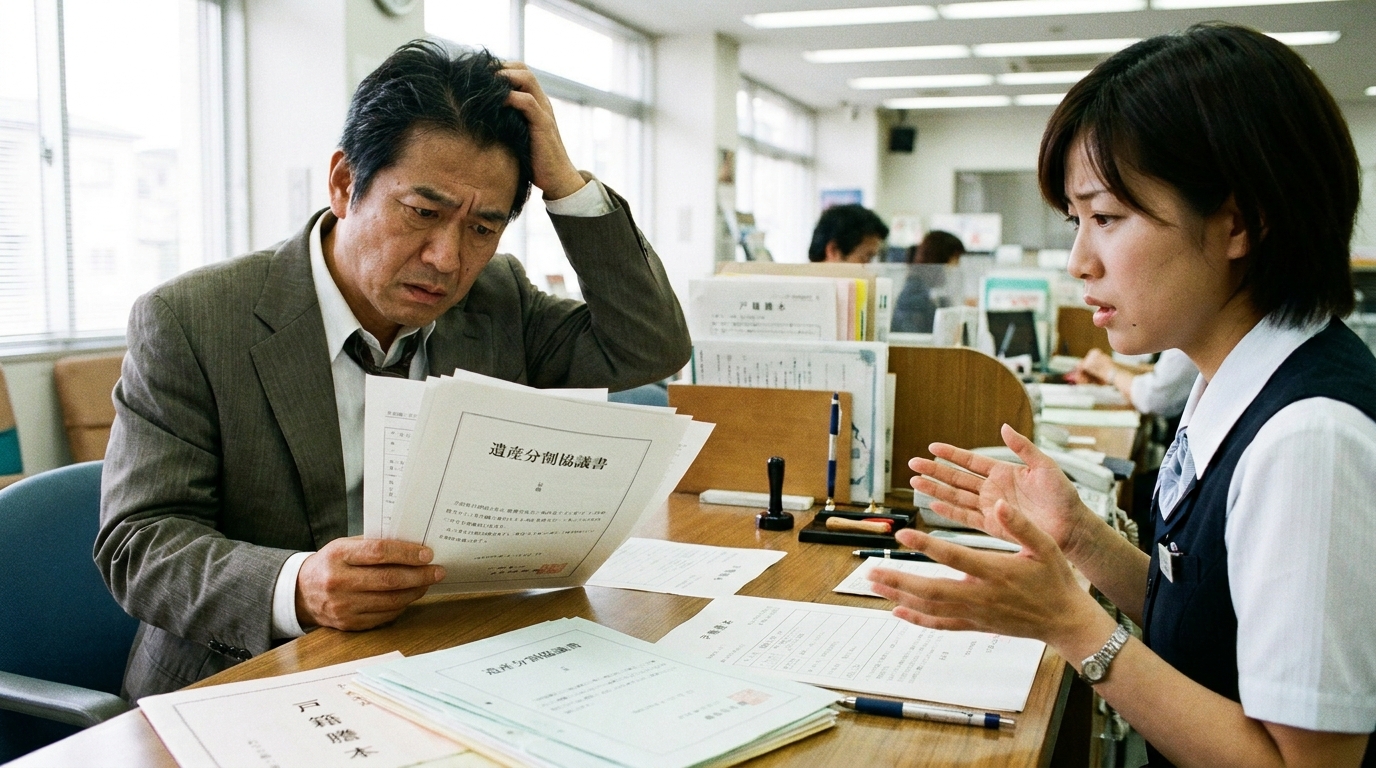銀行の窓口で遺産分割協議書の手続きがうまくいかず、頭を抱えている相続人の男性。