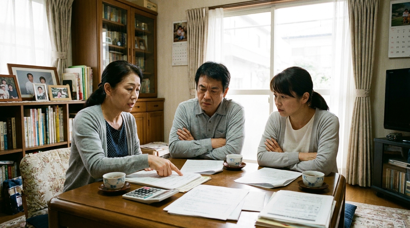 家族信託について話し合う兄弟姉妹。真剣な表情で将来のことを考えている様子。