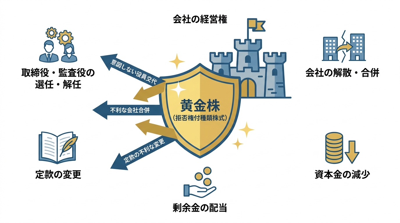 黄金株(拒否権付種類株式)で拒否できる代表的な事項をまとめた図解。役員の選任・解任、定款変更、会社の解散・合併などがリストアップされている。