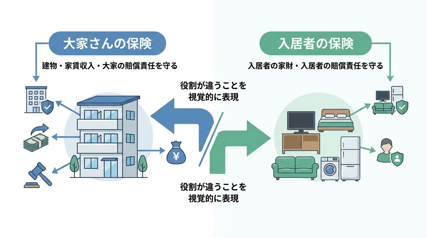 大家さんの保険と入居者の保険の違いを図解したインフォグラフィック。大家さんの保険は建物や家賃収入を守り、入居者の保険は家財や賠償責任をカバーする役割分担を示している。