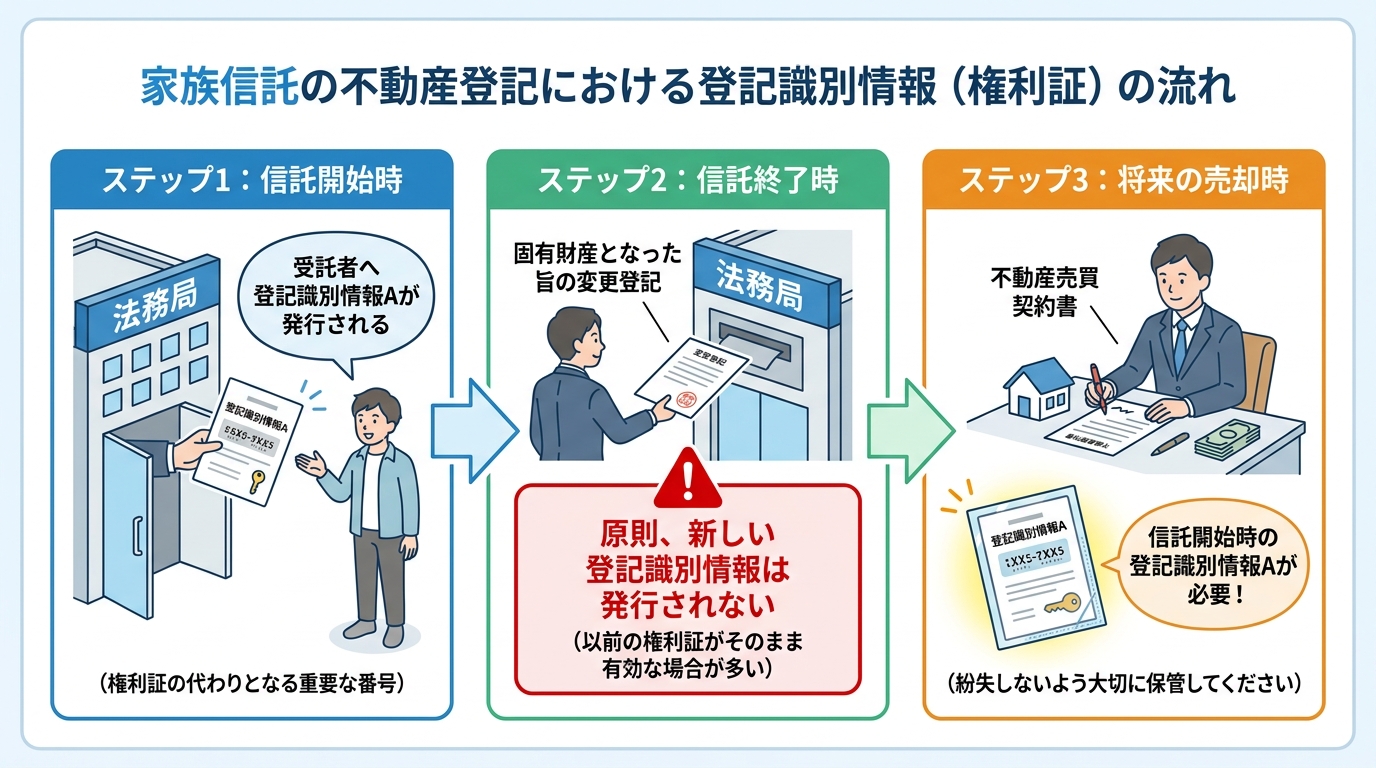 家族信託の登記識別情報の流れを示す図解。信託開始時に発行された権利証が、信託終了後も将来の売却時に必要であることを説明している。