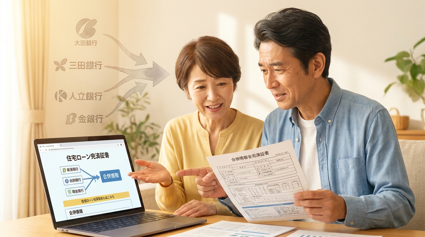 住宅ローンを完済したが、銀行が合併していて抵当権抹消の手続きに戸惑う夫婦のイラスト