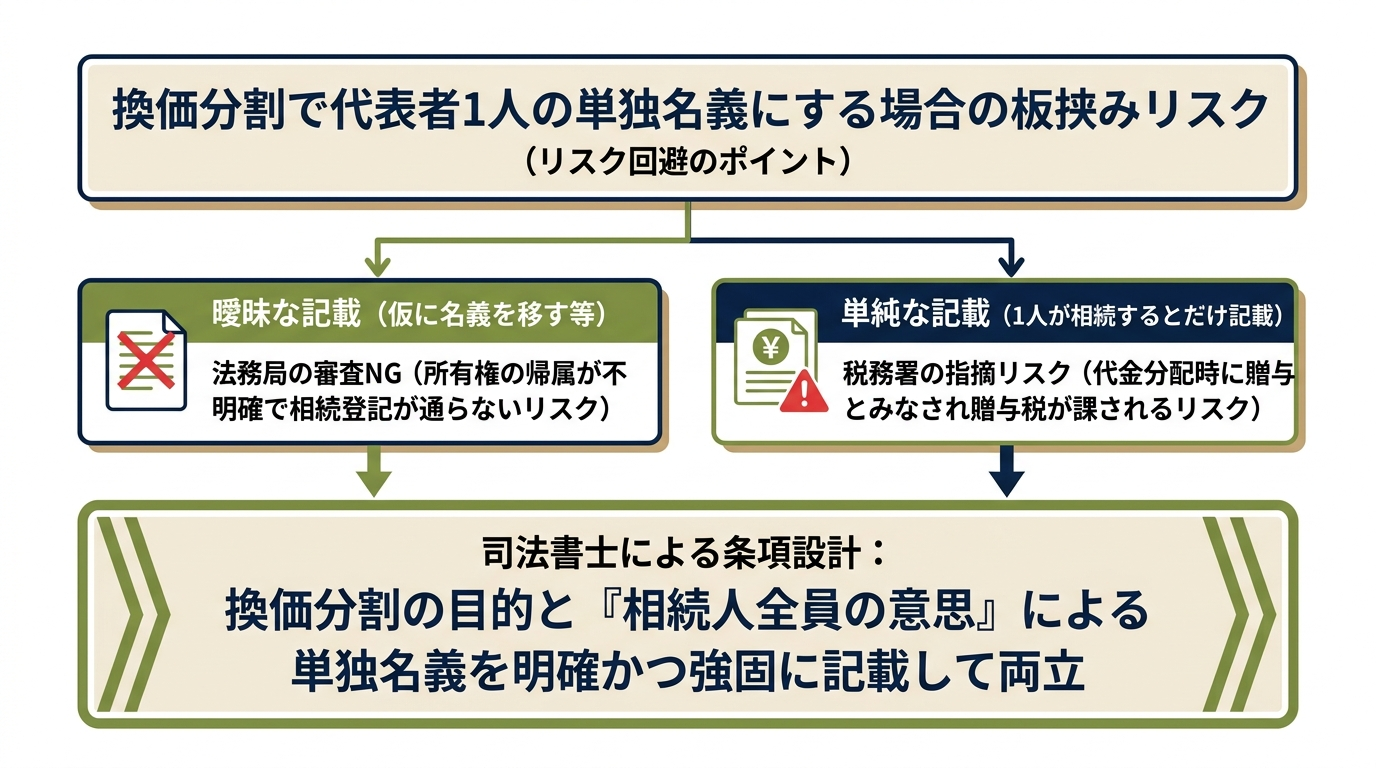 換価分割で単独名義にする際の法務局の登記審査と税務署の贈与税リスクの板挟み構造を示した図解