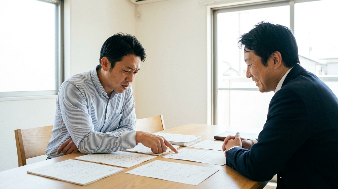 司法書士に不動産相続の相談をする男性。書類を前に不安な表情を浮かべているが、司法書士は親身に話を聞いている。