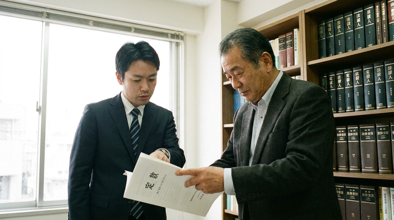 司法書士が経営者に黄金株の導入に関する定款変更案について説明している相談風景。専門家への相談の重要性を示している。