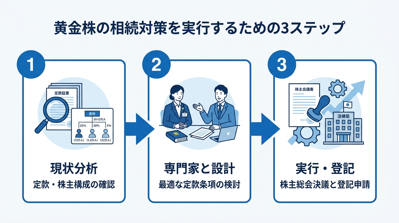 黄金株の相続対策を実行する3つのステップを示した図解。ステップ1「現状分析」、ステップ2「専門家と設計」、ステップ3「実行・登記」という流れをアイコン付きで分かりやすく解説している。