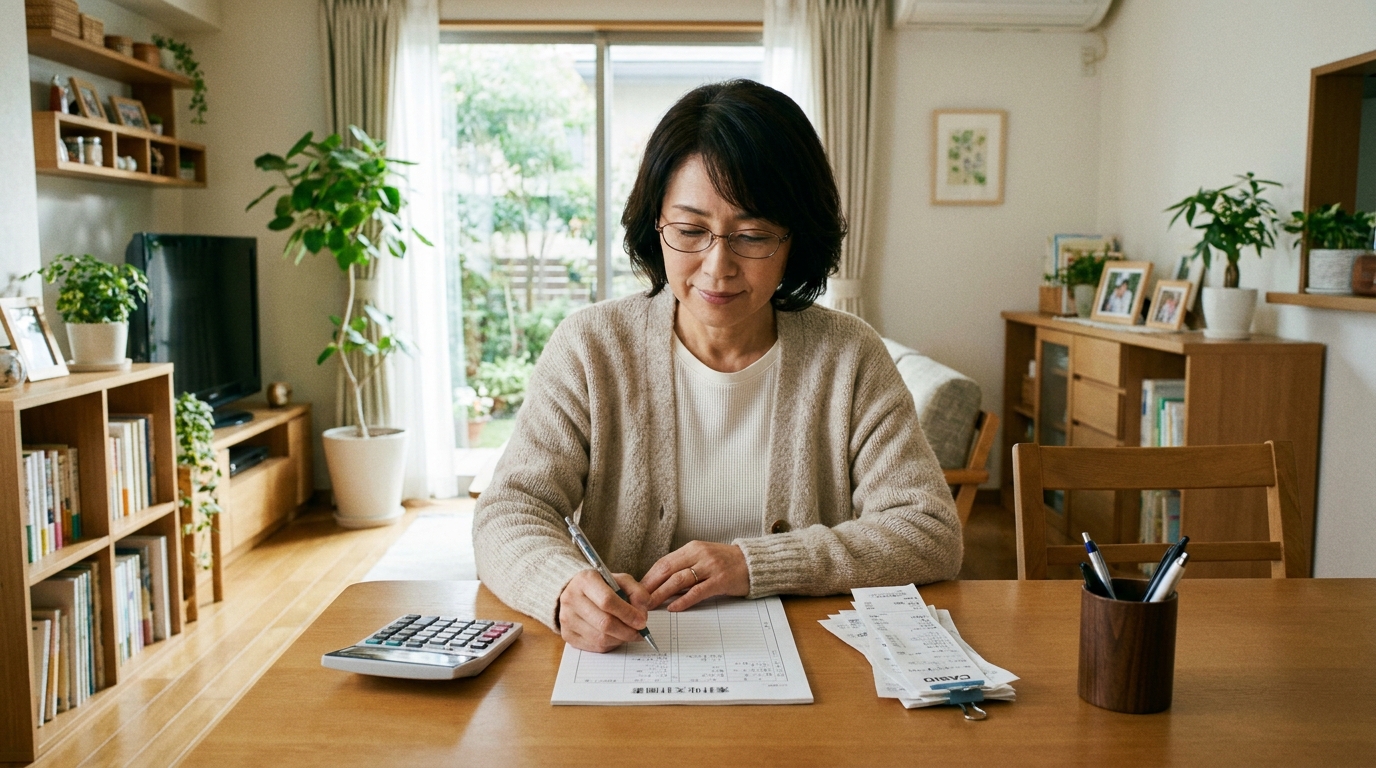 リビングのテーブルで、50代の女性が家計の収支計画書を真剣な表情で作成している。成年後見制度の利用に備え、生活費を計画的に算出している様子。