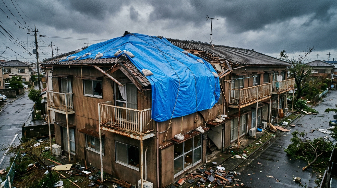 台風の被害を受け、屋根の一部がブルーシートで覆われたアパート。自然災害による建物の損害リスクを象徴している。