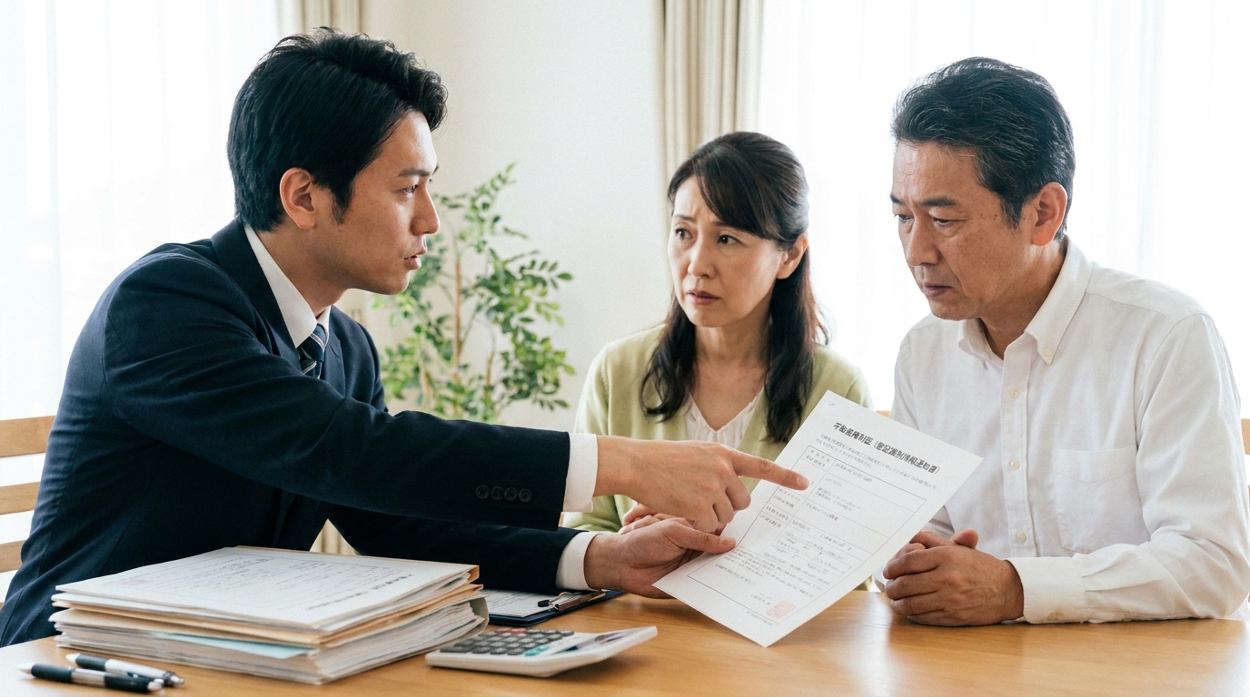 司法書士が相談者に権利証の重要性を説明している様子。将来の不動産売却で権利証がないと困るリスクについて話している。
